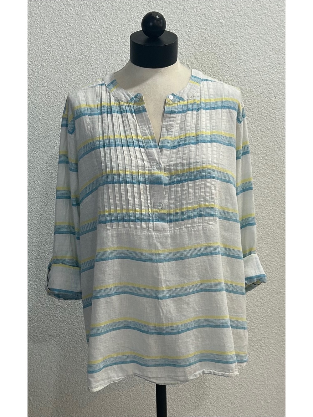 Lane Bryant 18/20 Linen Cotton Blend Popover Top Pinch Pleats Roll Tab Sleeves
